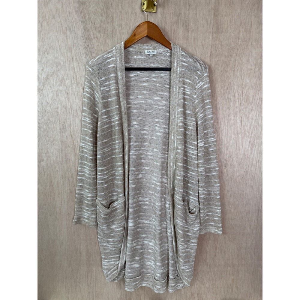 Splendid Women Beige White Space Dye Knit Open Front Cardigan Pockets Med USA